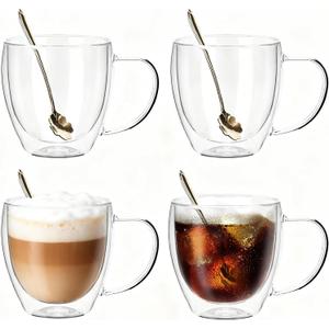8OZ Double Wall Glass Coffee Mugs, Insulated Glass Coffee Cups with Handles, Clear Coffee Mugs for Espresso, Latte, Cappuccino, Wine,Tea Bag, Hot or Cold Beverage, 6 Pack
