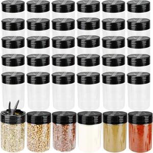 48 Pack 4 oz Plastic Spice Jars with Black Flip Caps and Labels Clear Mini Seasoning Bottles Round Empty Spice Containers for Pepper Herbs Crafts