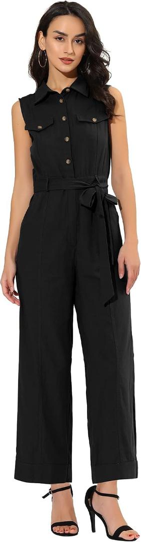 Allegra K Women's Wide Leg Jumpsuit 2026 Sleeveless Collared Tie Waist Coverall Button Down Cargo Cotton Jumpsuits S