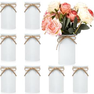 8 Pcs Large Farmhouse Vase with Twine Bow, 6x3.6 in Vintage Flower Vase Decor, Galvanized Metal Flower Vases Rustic Vase for Table Centerpiece Weddings Home Decoration (White)