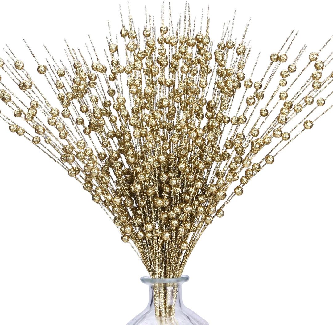 10 Pack Golden Artificial Glitter Berry Stems 15.7" Fake Christmas Picks Decorative Glitter Sticks for Christmas Tree DIY Wreath Crafts Fireplace Decor