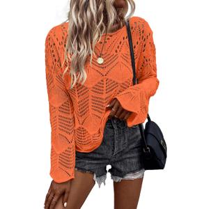 Allimy Womens Long Sleeve Hollow Out Crochet Crewneck Knitted Top Blouses Cover Up (Orange, XXL)