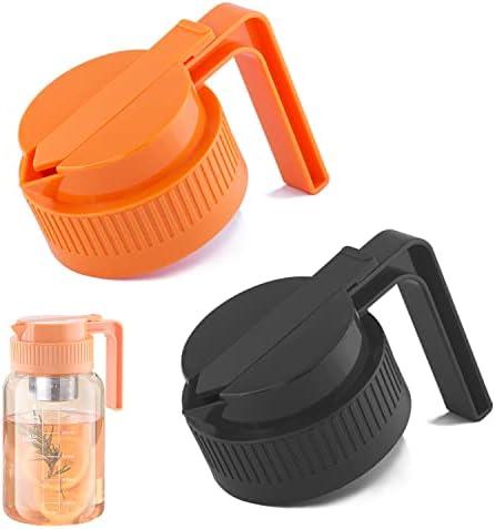 Wide Mouth Mason Jar Pour Spout Lids with Handle Plastic 2 Pack Drinking Lids Bulk Reusable, Mason Jar Pitcher, pancake maple syrup dispenser, salad dressing dispenser- Black&Orange (Jar Not Included