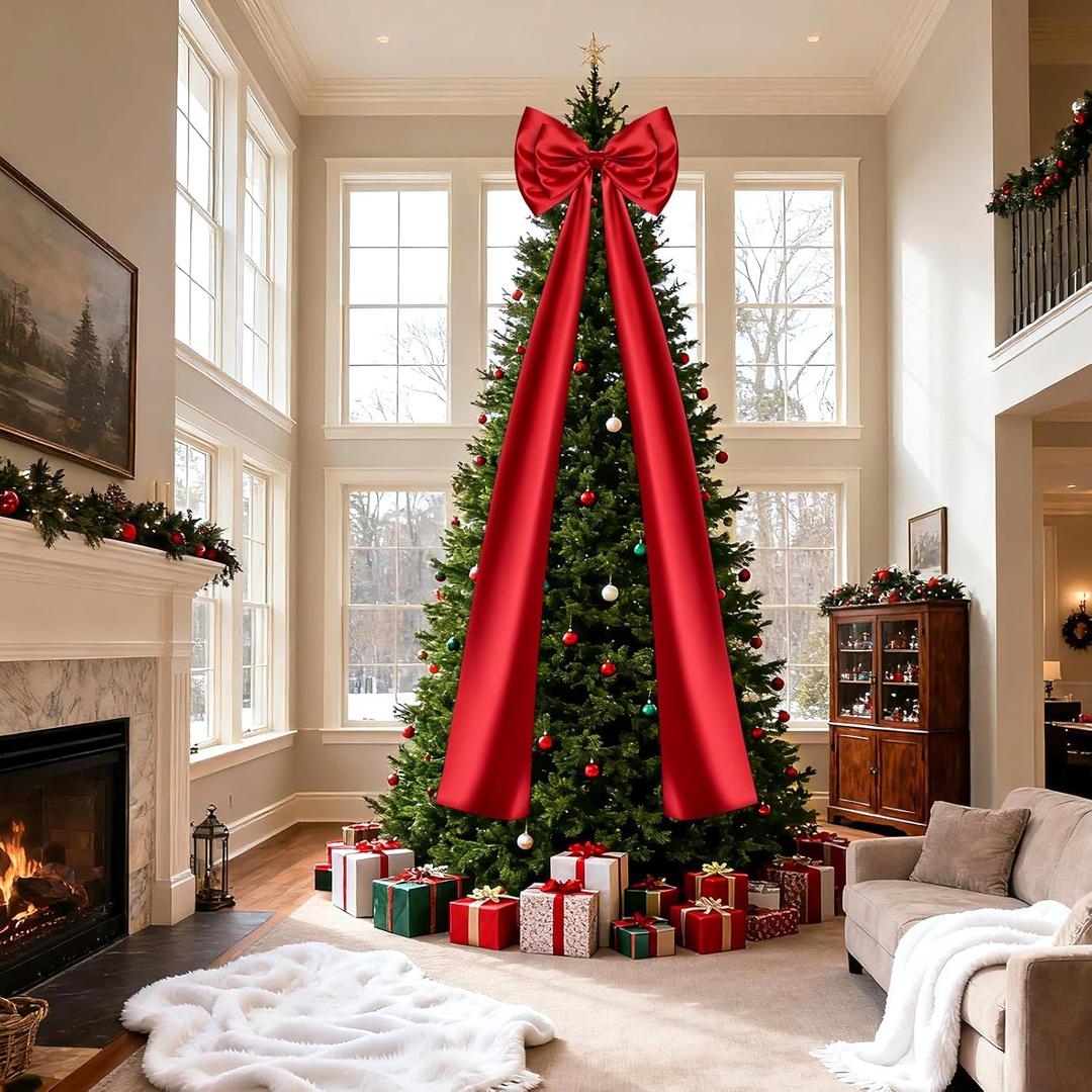Christmas Tree Topper Bow, Double-Layer Giant Bows Christmas Decorations, Christmas Wreath Bows for Home Wreath Wall Backdrop Birthday Wedding Party Decor (Red Bow, 87 INCH)