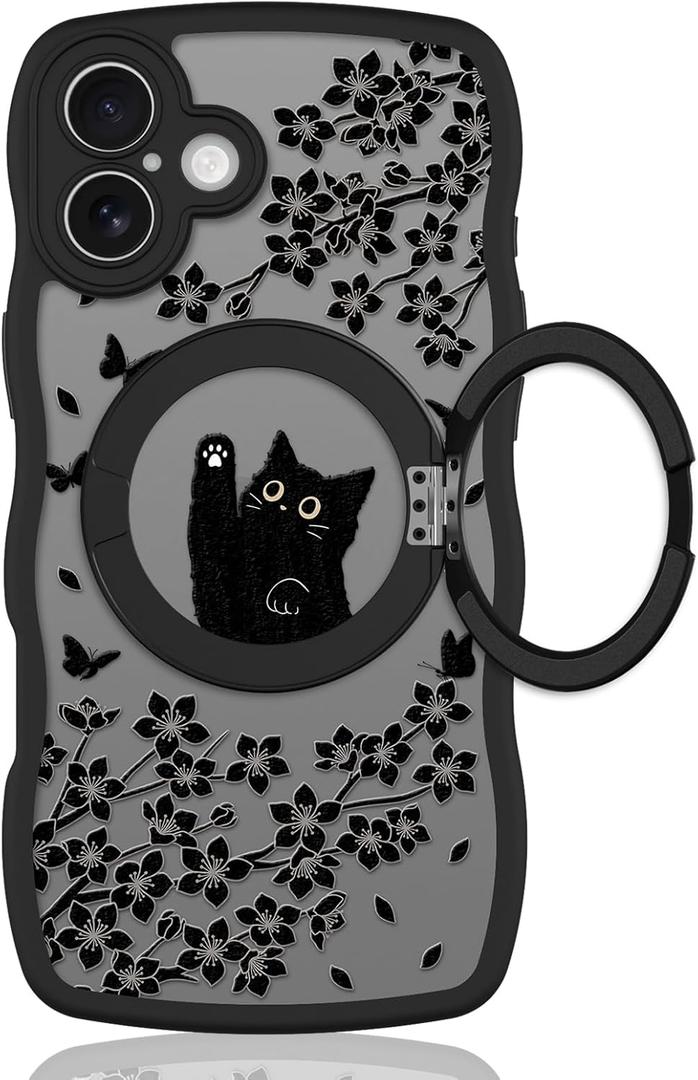Wavy Case for iPhone 16 Case with Stand [Compatible with MagSafe] Cute Black Cat & Floral & Butterflies Pattern Design, Kawaii 360 Magnetic Ring Kickstand Phone Cover for Women Girls