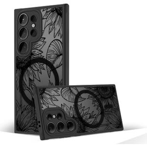 Magnetic Case for Samsung Galaxy S24 Ultra [Compatible with MagSafe] Black Flower Floral Case for Women Girls Soft TPU Bumper Hard PC Anti-Fall Shockproof Protective Slim Cover A5