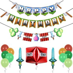 Pirese Pixel Birthday Decorations - Gaming Themed Happy Birthday Banner with TNT and Sword Foil Balloons for Pixel Party Decorations  Ultimate Party Supplies Kit with Balloons and Birthday Sign