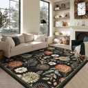 GarveeHome 8x10 Floral Washable Area Rug: Large Living Room Area Rug with Non-Slip Backing Washable Ultra Soft Bedroom Floral Carpet Indoor Stain Resistant Carpet for Dining Room 8 * 10 ft Black