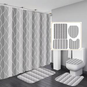 DDQQ 4Pcs Grey Shower Curtain Set with Rugs Stripe Bathroom Sets Geometric Wave Lines Shower Curtain with 12 Hooks Bathroom Decor with Rugs Bath Accessories with Mats Toilet Lid Cover