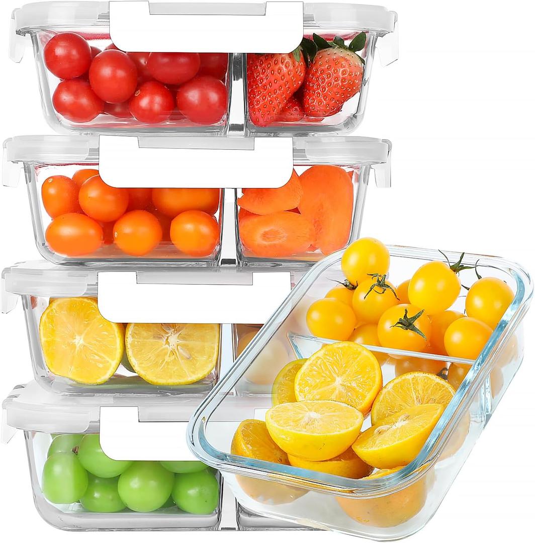 KOMUEE 30 oz 5 Pack Glass Meal Prep Containers 2 Compartments, Glass Food Storage Containers with Lids, Airtight Lunch Box, Microwave, Oven and Freezer Safe, White