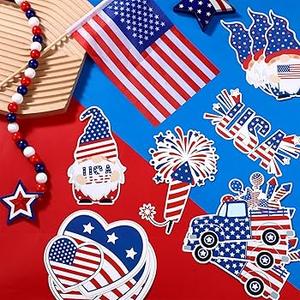 Qunclay 17 Pcs 4th of July Ornaments for Tree Wooden Patriotic Ornaments Memorial Day Red White Blue Tree Decorations American Flag Gnome Star Hanging Sign for Independence Day Party Decor