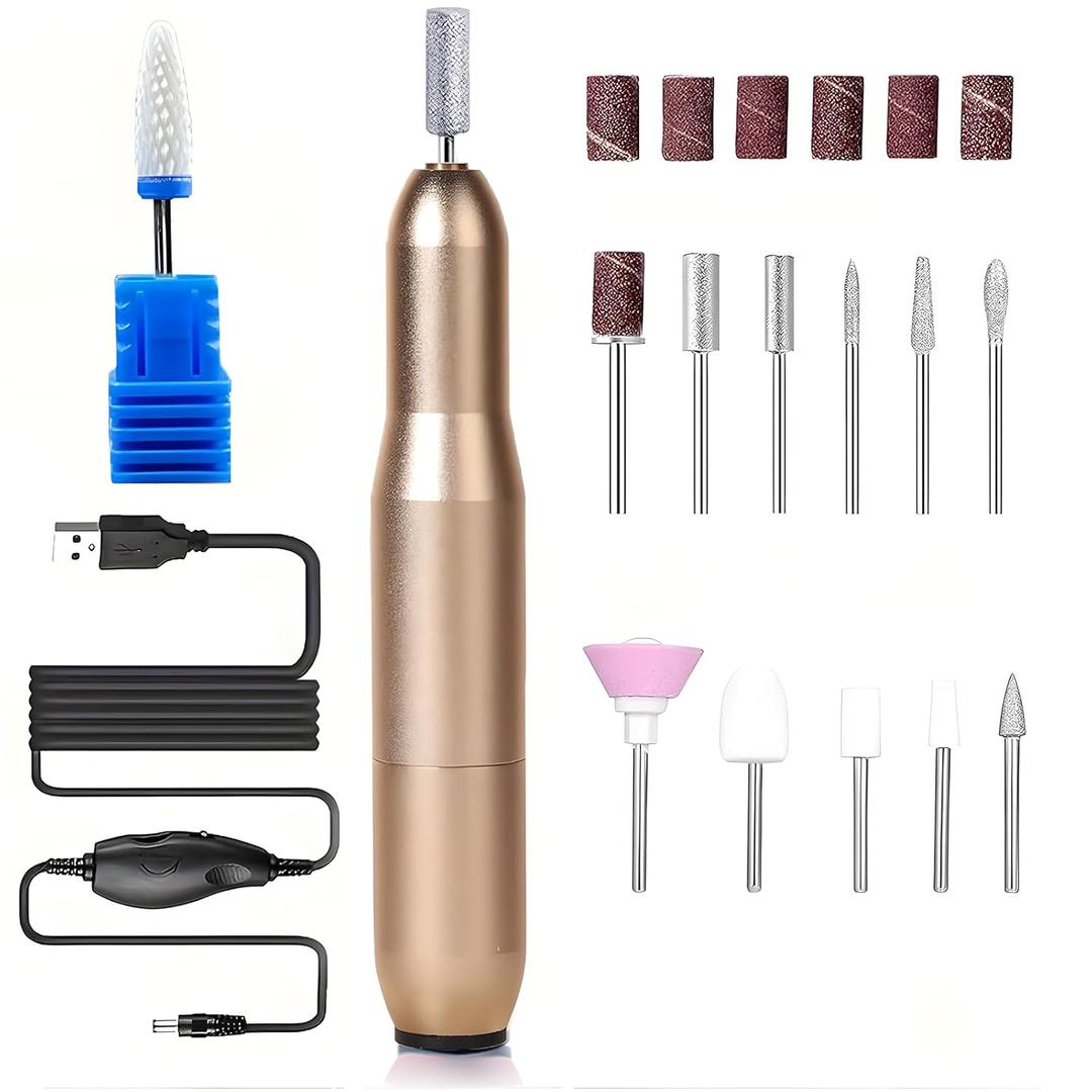 Portable Electric Nail File - Professional Manicure 25,000 RPM with 12PCS Nail Drill Bits, Nail Gel Polish Remover (Gold)