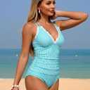 ZAFUL Tankini Swimsuits for Women Cute Smocked Two Piece Tankinis Modest Tummy Control Bathing Suit Sexy Push Up Swimsuits with High Waisted Bottom Slimming Full Coverage Swimwear Turquoise Striped S (Blue, Small)