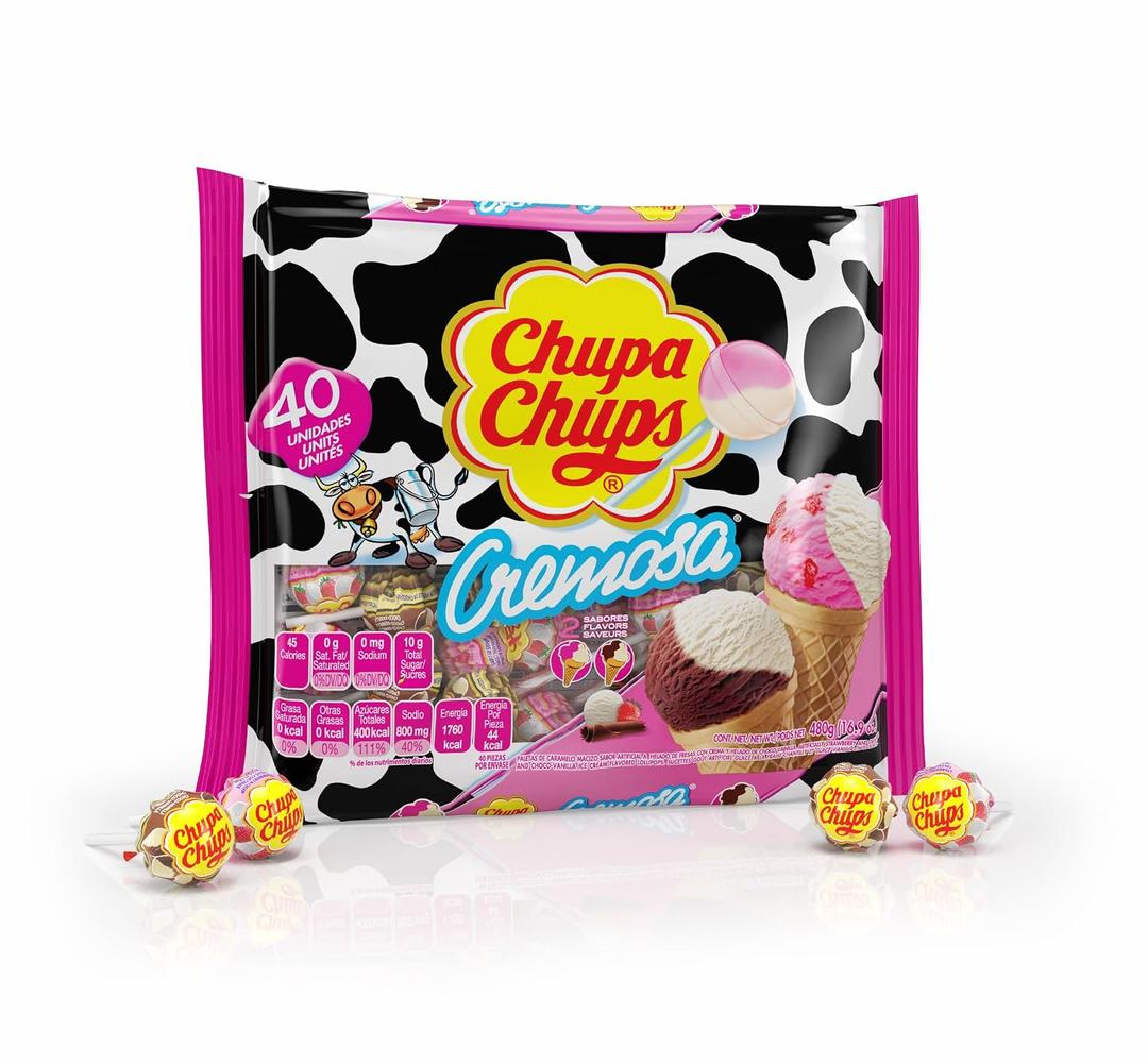 Chupa Chups Cremosa Lollipop Assortment, 2 Ice Cream Flavors, Individually Wrapped Candy for Kids, 16.9 Oz Bag (40 Suckers) | Individually Wrapped Bulk Chewy Sweet & Sour Candy, Artificially Flavored (EXP 06/30/28)