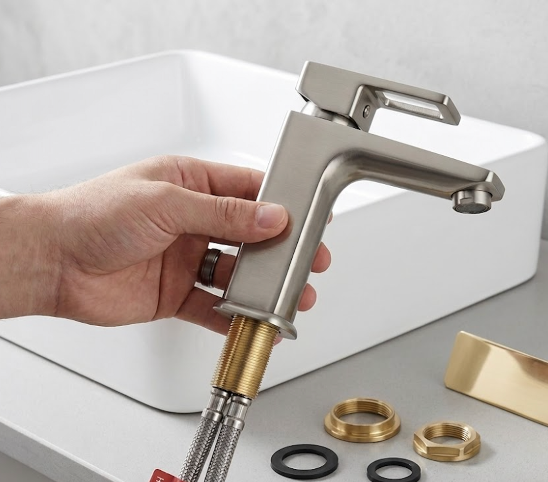 Single Handle Single Hole Stainless Steel Bathroom Faucet with Deckplate and Pop Up Drain in Brushed Nickel