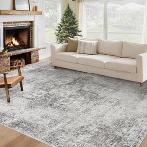 Area Rug 6x9 Washable Rug, Vintage Boho Medallion Rugs Non-Slip Soft Low Pile Large Distressed Rug Indoor Retro Carpet for Living Room Bedroom Dining Room Home Office (Grey, 6'x9')