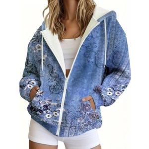 Women's Casual Long Sleeve Pullover Sweatshirt Zipper Vintage Print Loose Hoodie Fashion Clothes (Blue, S)