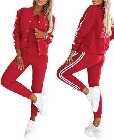 CHICME Women's Three Piece Outfits Striped Tape Patch Tank Tops Bomber Jacket with Sporty Pants Tracksuit Lounge Sets, M