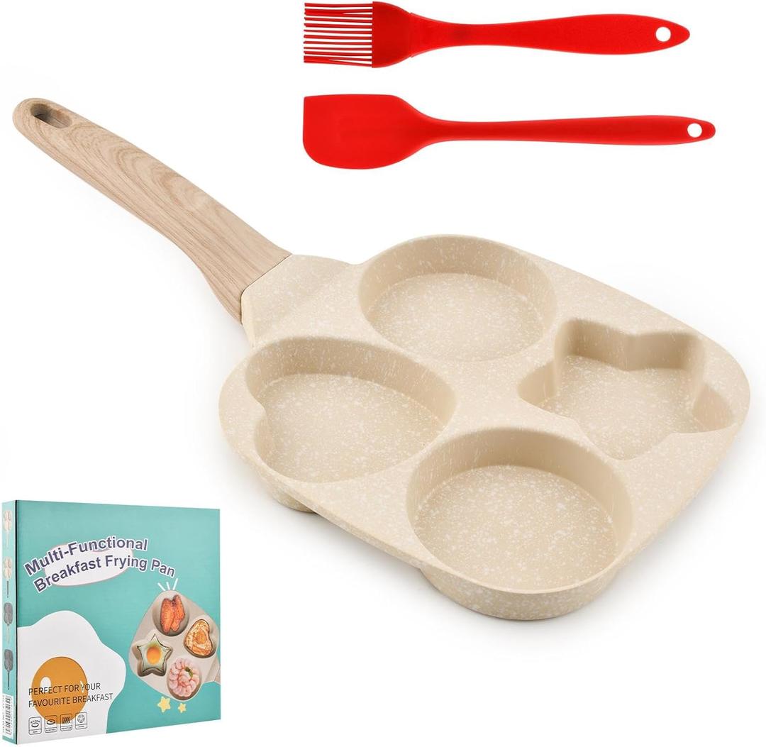 4-Cup Nonstick Egg Pan with Silicone Brush & Spatula, Divided Grill Frying Pan, Omelette Skillet Egg Cooker Suitable for Pancakes Plett Crepes, Gas Stove & Induction Cookware(Beige)