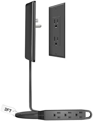 CABOCASA 3FT Ultra Flat Plug Extension Cord Power Strip with 3 Outlets, Patented Detachable Ultra-Thin Outlet Cover Concealer & Ultra-Flat Plug, Max. 13A 125V 1625W ETL Listed, Black Color