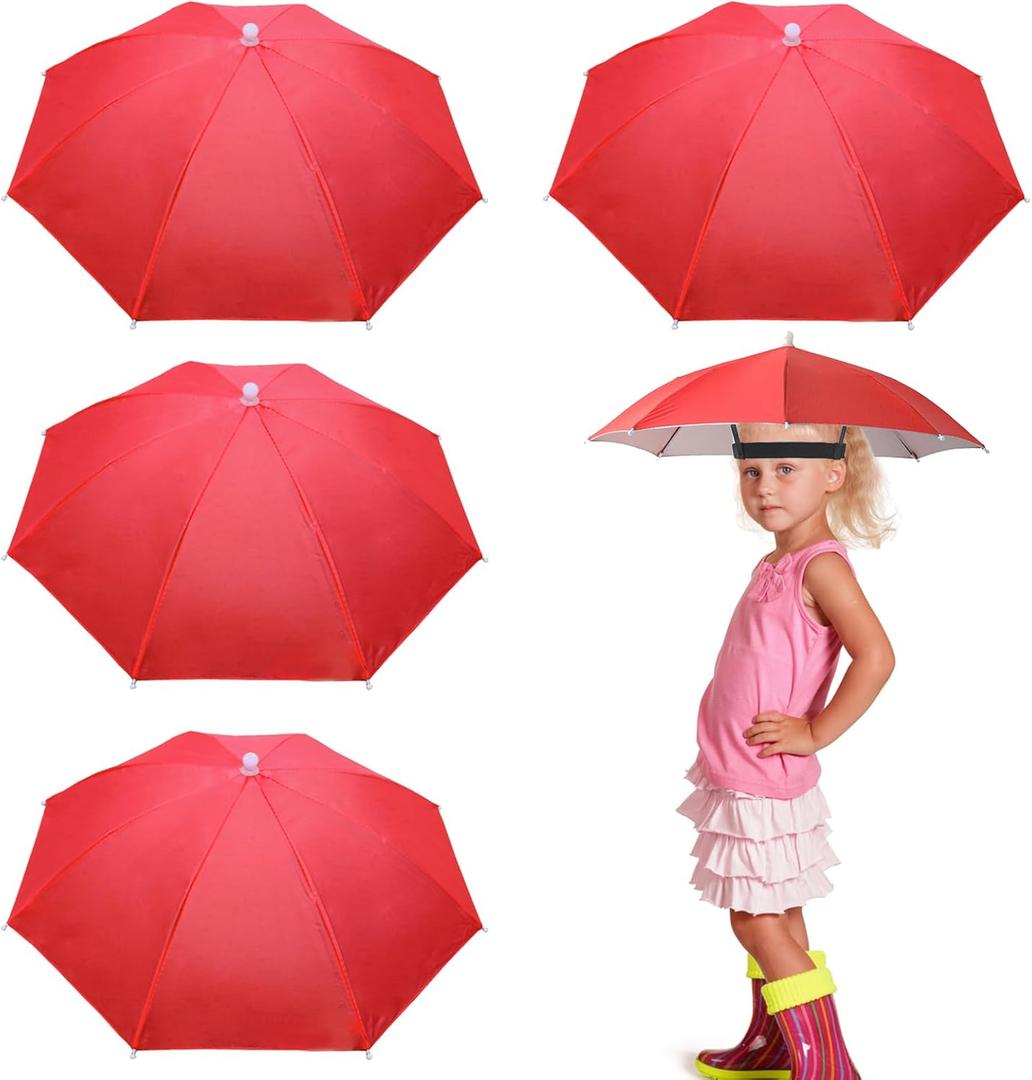 4 Pack Umbrella Hats, 20.5" Hands-Free Head Umbrealla Hats for Kids, Folding Waterproof Umbrella Cap With Head Strap for Outdoor Party Fishing Sun Rain Beach Golf Hiking (Red)