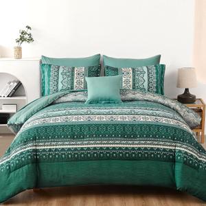 Cottolester Boho Comforter Set Queen Size,8 Pieces Teal Green Bohemian Striped Bed in a Bag,Paisley Soft Microfiber Bedding Comforter Set