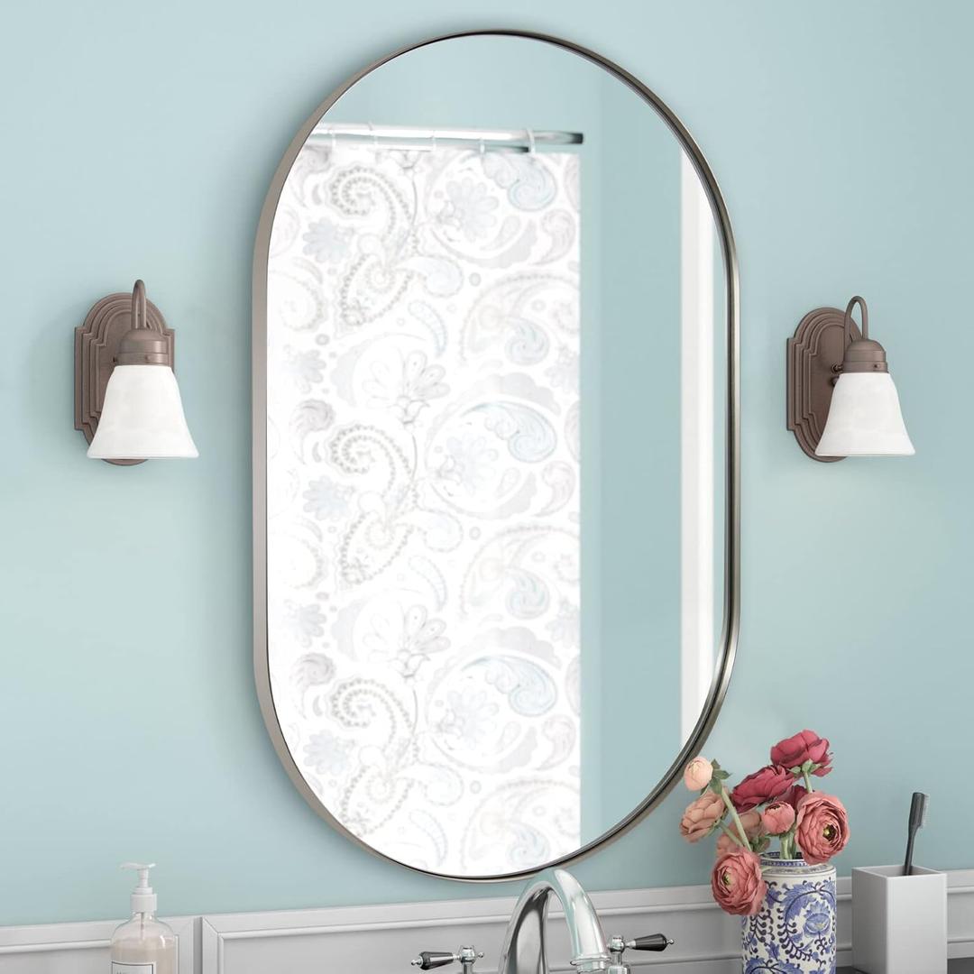 ANDY STAR Chrome Bathroom Mirror, 26x38 Oval Mirrors for Bathroom, Pill Shaped Mirror Chrome Metal Framed, SUS304 Anti-Rust, 1 Deep Wall-Mounted Vertically/Horizontally