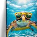 Funny Turtle Wall Art Sea Turtle with Glasses Picture Marine Life Canvas Prints Ocean Painting Modern Prints for Bathroom Living Room Home Wall Decor Framed - 16.00"x24.00"