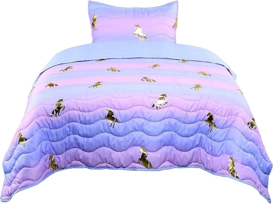 Tadpoles 2-Piece Girls Unicorn Quilt Set | 1 Twin Bed Size Quilt & 1 Standard Sham | Made of 100% Micro-Denier Polyester Fiber | Soft, Smooth & Durable | Ideal for Teens | Metallic Gold Unicorns (68x86 Inch (Pack of 1))