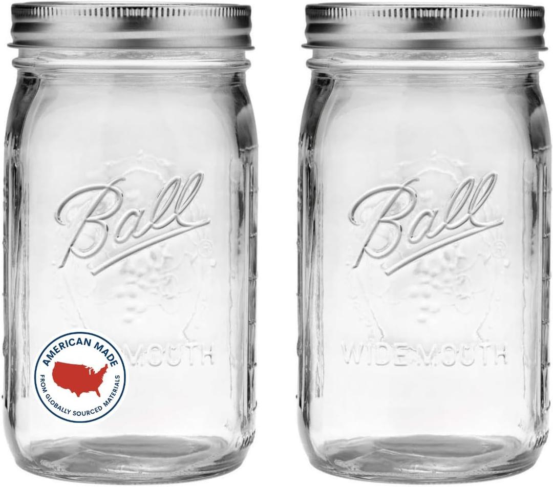 Ball Wide Mouth Glass Mason Jars with Lids and Bands, Used for Canning, Pickling, Juice, Jam, Jelly, Quart Size 32 Ounce (Pack of 2)