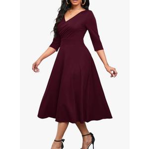 Nmoder Women's Casual Wrap Flared Midi Dress Wedding Guest Cocktail Tea Dresses A-Line Swing V-Neck 3/4 Sleeve XL
