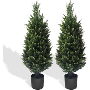 Artificial Topiary Tree - 2 Pack 37Inch Artificial Cedar Topiary Trees, UV Protection Potted Shrubs for Front Door, Durable 5" Wide Heavy Duty Pots for Outdoor & Indoor Decor