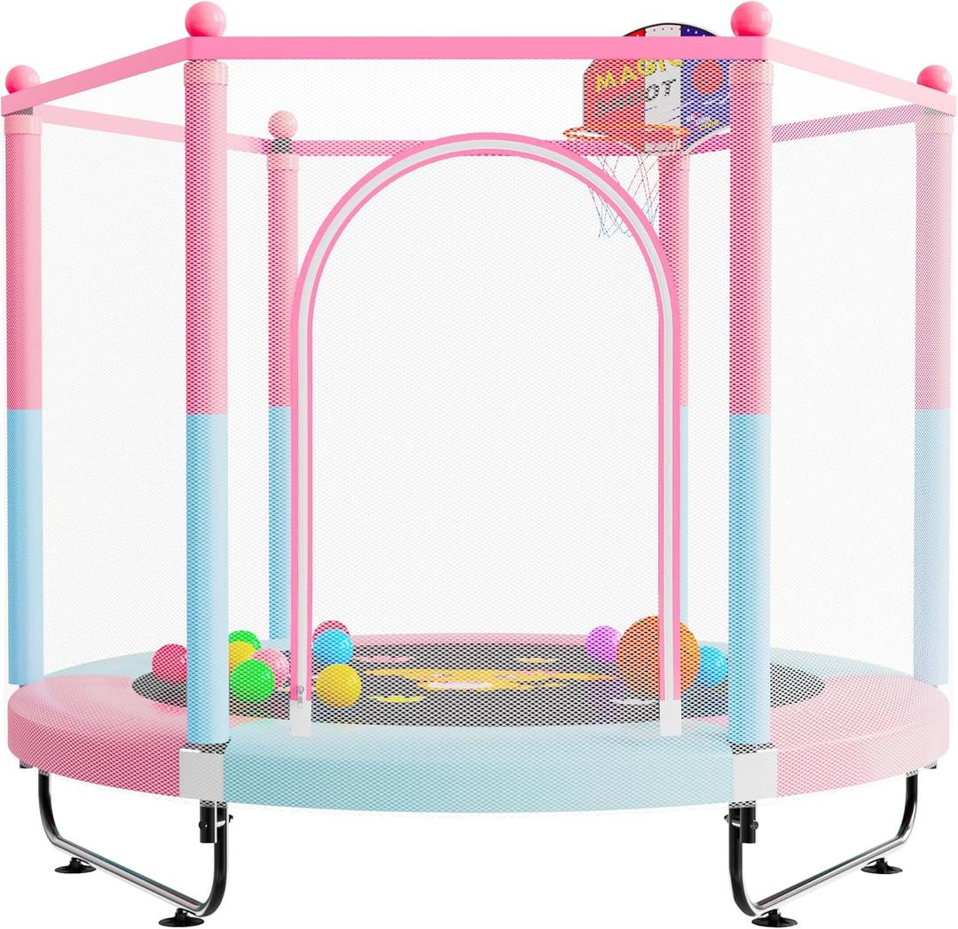 60" Trampoline for Kids, 5 FT Indoor & Outdoor Toddler Baby Trampoline with Basketball Hoop, Safety Enclosure, Birthday Gifts for Kids, Gifts for Boy and Girl, Age 3-8 (Pink/Blue)