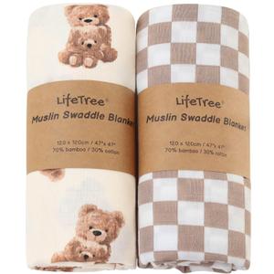 LifeTree Muslin Swaddle Blankets, Baby Swaddling Wrap Nursery Blanket Unisex, Soft 70% Viscose from Bamboo and 30% Cotton, Large 47 x 47 inches, Bear & Checkered Swaddle Blanket