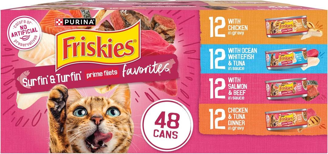 Purina Friskies Gravy Wet Cat Food Variety Pack, Surfin and Turfin Prime Filets Favorites - 48 ct. Can (EXP 05/01/27)