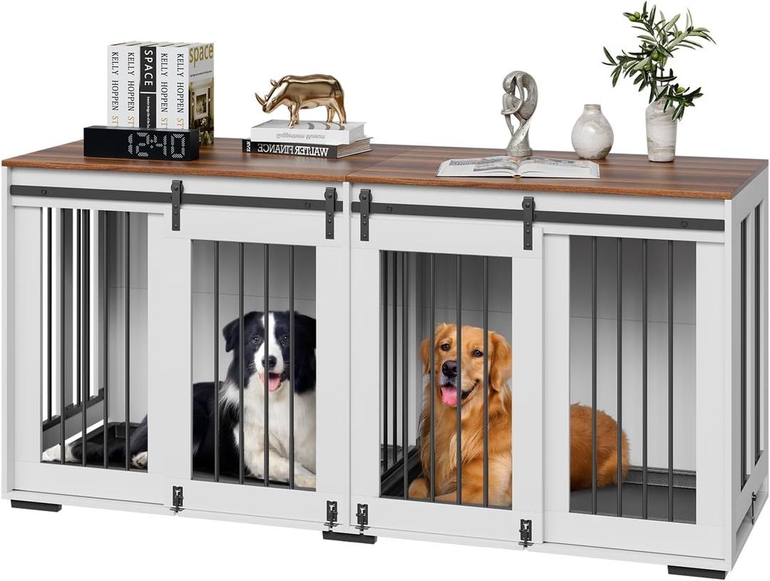 VEVOR 72"Dog Crate Furniture for 2 Dogs,Double Dog Crate Furniture with Double Sliding Doors,Large Dog Crate TV Stand with Removable Tray,Steel Frame Double Dog Crate for Small,Medium,Large Dogs White (71")