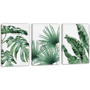 EAHunt Tropical Leaf Canvas Wall Art, Green Palm and Monstera Prints, Modern Botanical Wall Picture Minimalist Art Home Decor for Livingroom Bedroom Office 12"16"3-Piece Set
