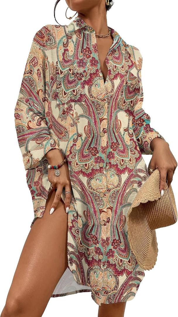 Bsubseach Womens Modern Swimsuit Cover Up Blouse Button Down Shirt Dresses Tops (3X-Large, Boho Floral)