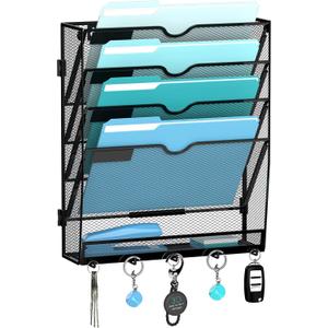 5 Tier Wall File Organizer - Hanging File Organizer with 5 Hooks, Mail Holder Wall Mounted for Papers, Folders, Magazines, Bills, Office&School Organization, Black