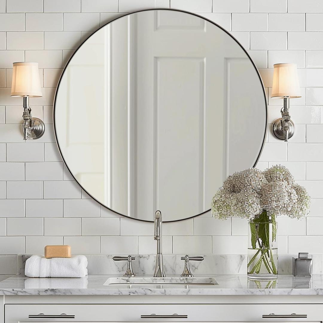 ANDY STAR Round Mirror, 36" Circle Bathroom Mirror in Stainless Steel Metal Frame, Modern Vanity Mirror for Bedroom, Entryway, Living Room, Contemporary 1" Deep Wall Mount
