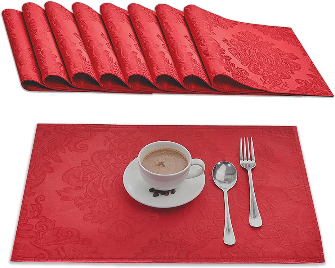 Place Mats Set of 8  Rectangle Rectangular Waterproof Fabric Polyester Cloth Washable Wipeable Heat Resistant Placemats for Kitchen Dining Dinner Table Indoor 13 X 19 Inch Red