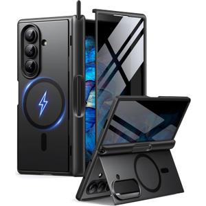 BERFY for Samsung Galaxy Z Fold 7 Case with Privacy Screen Protector, [Compatible with MagSafe][Anti Spy] Built-in Hidden Kickstand, Full-Body Shockproof Slim Phone Case for Z Fold 7, Black Stylus