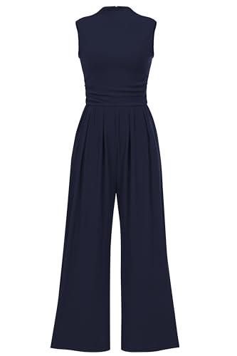 PRETTYGARDEN Womens Summer Jumpsuits Dressy Casual One Piece Outfits Sleeveless Mock Neck Wide Leg Pants Rompers with Pockets (Navy,Large)