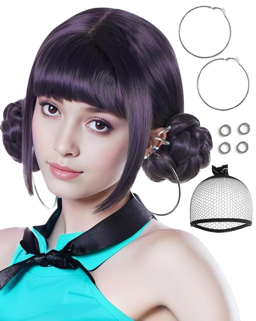 BESTBEL+6 Earrings+Hair Cap Short Dark Purple Wigs with 2 Buns for Women Dark Purple Anime Wigs for Adult KP Stage Outfits for Women Halloween Party Cosplay
