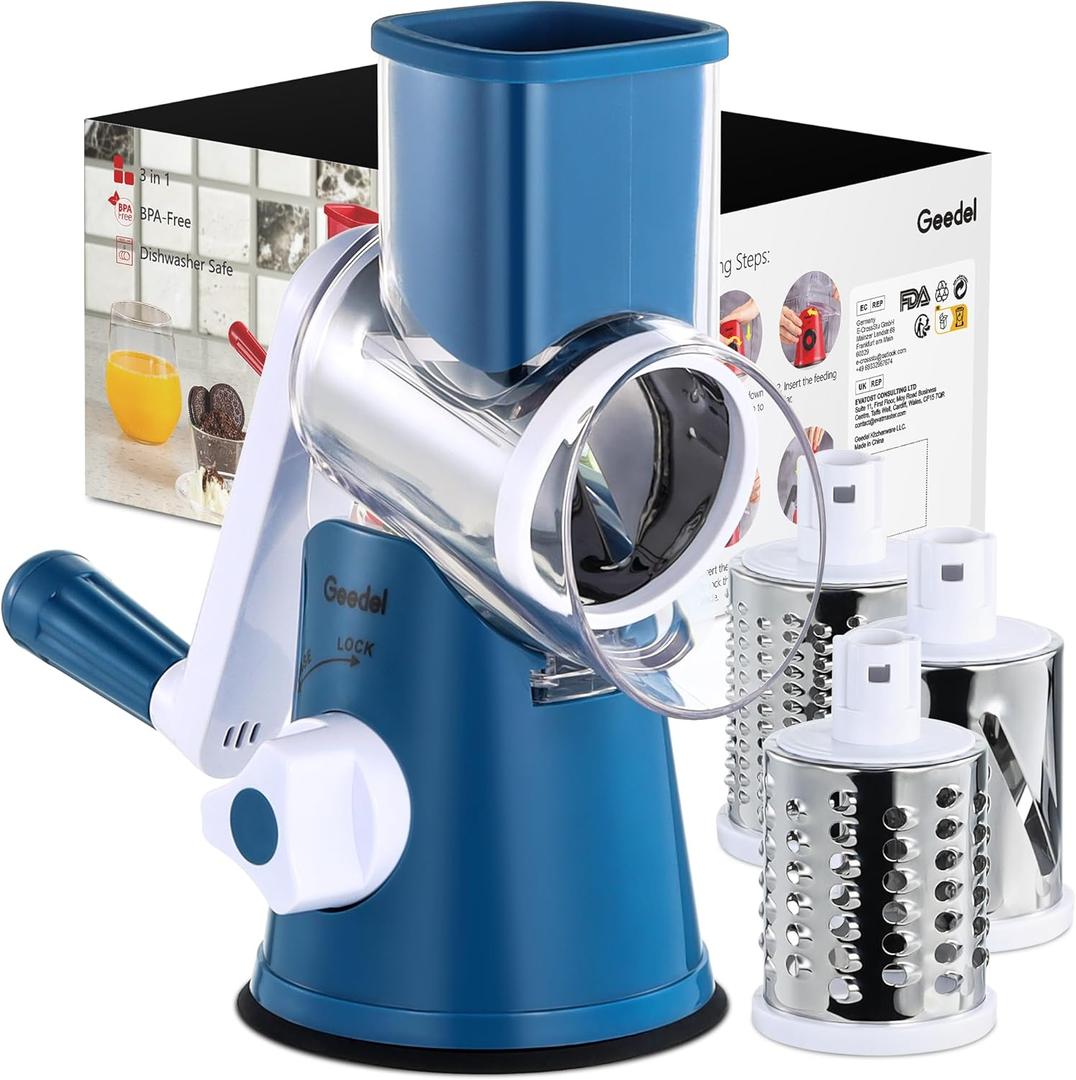 Geedel Rotary Cheese Grater, Kitchen Mandoline Vegetable Slicer with 3 Interchangeable Blades, Easy to Clean Rotary Grater Slicer for Fruit, Vegetables, Nuts (Blue)