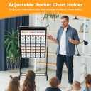 Pocket Chart Stand with Casters, 7 Rings, Adjustable 35.75-63in Height | Stainless steel frame with locking wheels; holds charts in place, height adjusts for comfortable viewing, easy assembly