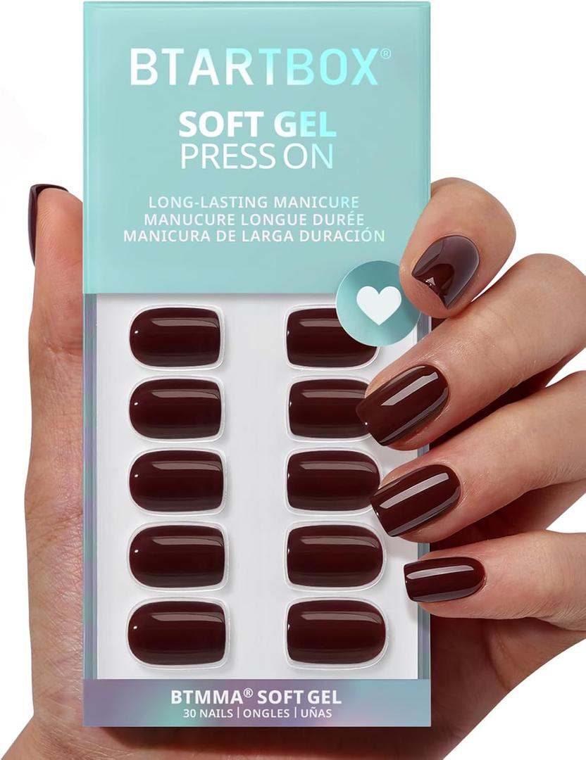 BTArtbox Press On Nails Short Dark Cocoa, Dark Brown Square Press On Nails with Glue and Adhesive Tabs for Women, Opaque Soft Gel Glue On Nails In 15 Sizes 30 Stick On Nails Kit