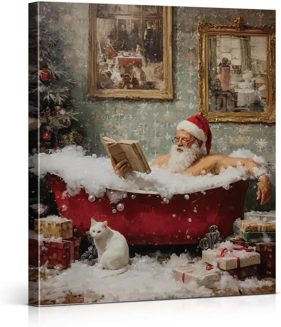 Funny Christmas Bathroom Canvas Wall Art Framed Santa Claus Reading in Bathtub Poster Painting Wall Decor Xmas Cat Picture Artwork for Bathroom Washroom Toilet Decoration, 8x10 Inch