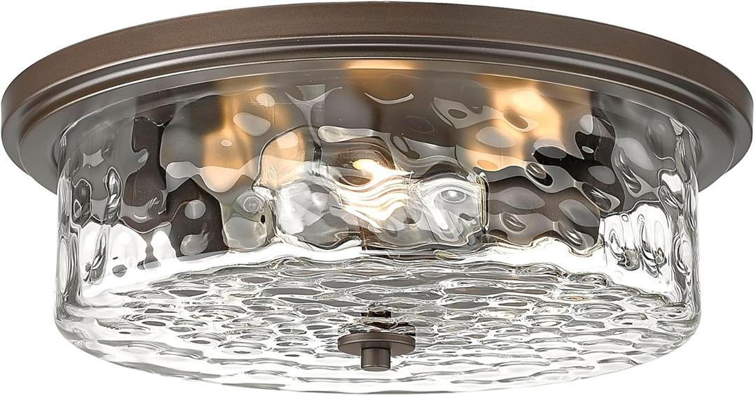 Large Industrial Flush Mount Ceiling Light, 16" 3-Light Modern Ceiling Light Fixture, Farmhouse Close to Ceiling Lighting,Hammered Glass Ceiling Light for Bedroom, Living Room, Kitchen Island (Oil-Rubbed Bronze)