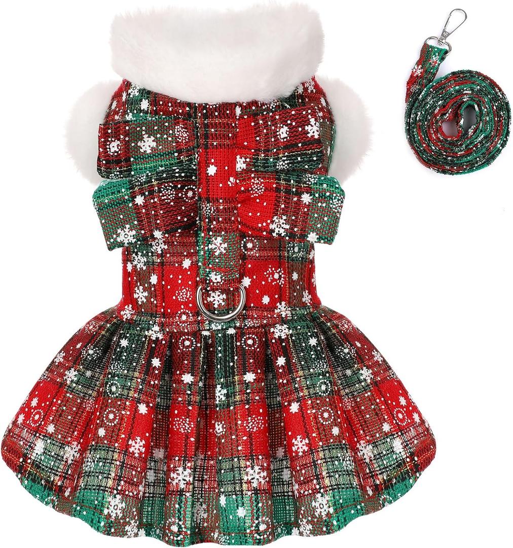 Dog Christmas Sweater Dress with Leash Set Puppy Sweaters for Small Dogs Girl Pet Outfit Plaid Puppy Clothes Cute Bowknot Doggy Apparel Cat Holiday Xmas Party Costume (Small, Green) 